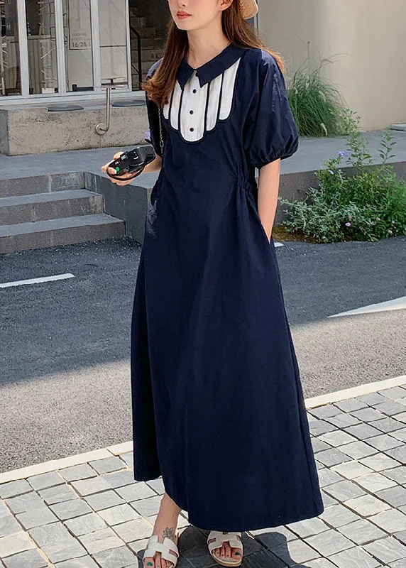 Long-sleeved dresses for womenSimple Dark Blue Print Cinched Button Long Dresses Summer