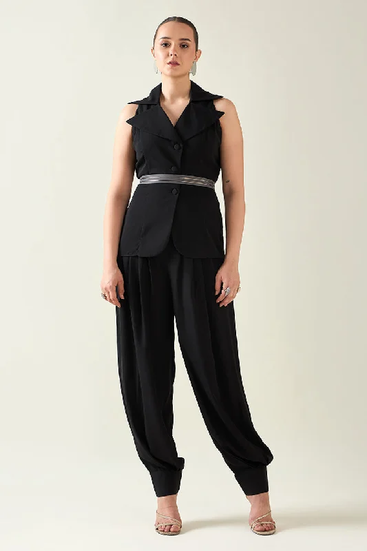 women's suit sets with notched collarsBlack Noir Co-Ord Set With Metallic Finish Belt