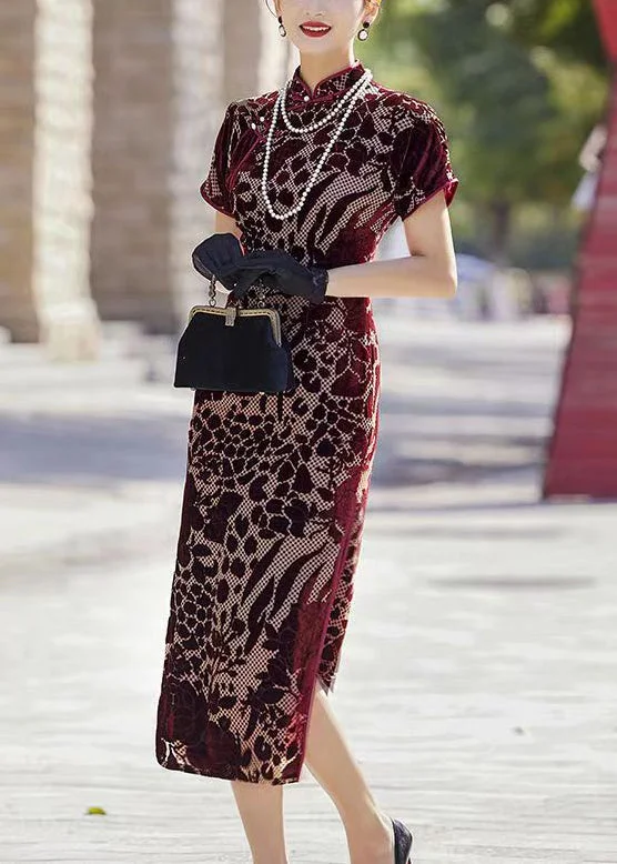 Maxi dresses for womenNew Wine Red Button Side Open Silk Velour Long Dress Summer