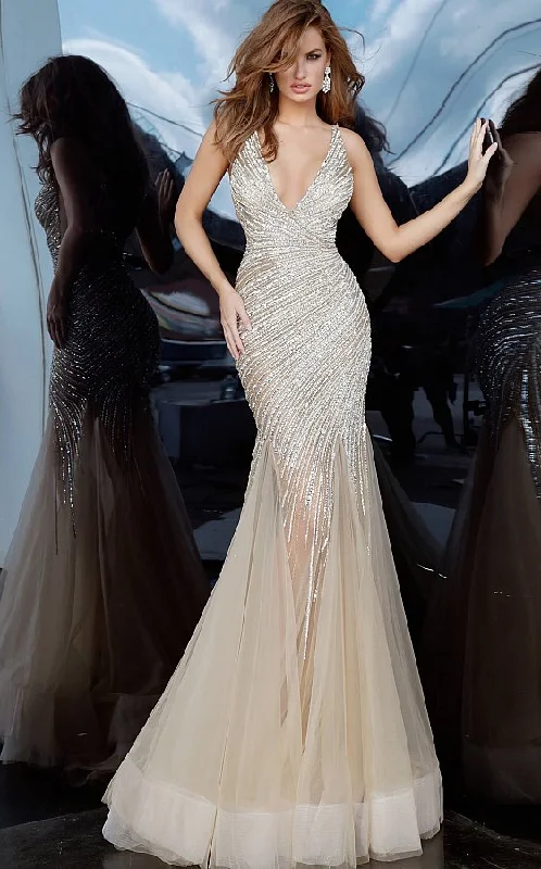 One-shoulder dresses for womenJovani 4741 Long Fitted Pageant Prom Dress Crystal Embellished Mermaid V Neck