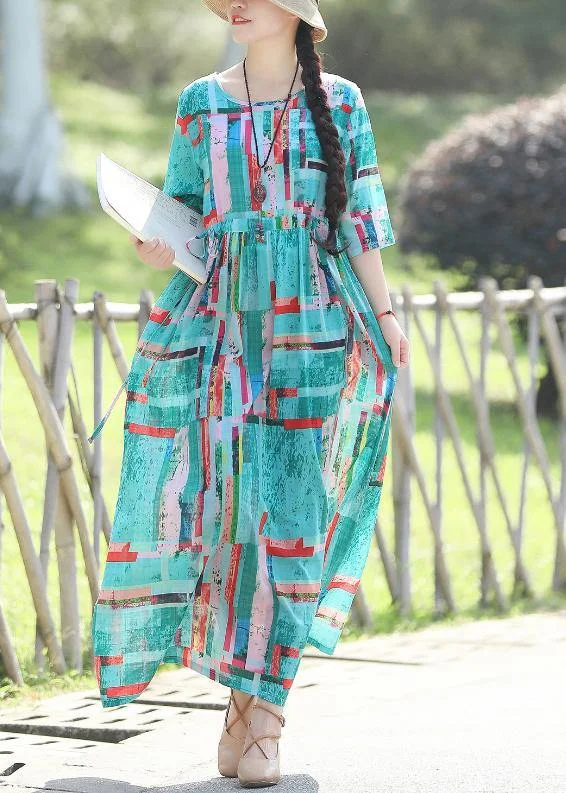 Long flowy dresses for womenVivid blue print linen Long Shirts Korea Sewing o neck Plus Size Clothing summer Dress