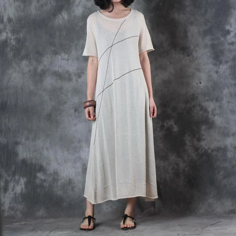 Sheath dresses for womenFine long linen dresses trendy plus size Round Neck Knitting Short Sleeve Flax Dress