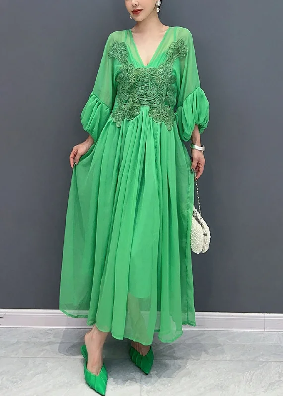 Petite dresses for womenStylish Green V Neck Embroidered Floral Chiffon Long Dress Fall
