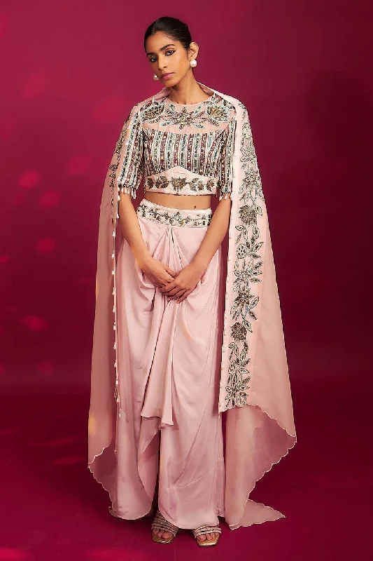 women's suit sets with satin liningsPink Ajrakh Embroidered Blouse, Dhoti & Cape Dupatta Set
