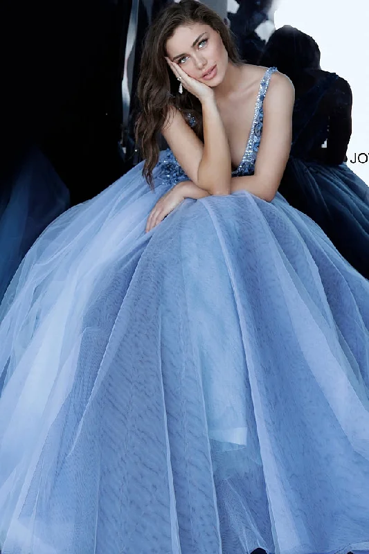 High-neck dresses for womenJovani 3110 Long Ballgown Prom Dress Sheer Bodice V Neckline Floral Applique