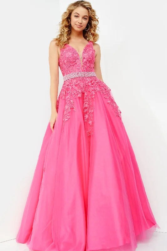Statement dresses for making a fashion statementJovani JVN68258 Size 0, 14 Hot Pink Long A Line Lace Prom Ballgown Dress Formal Plunging Neckline