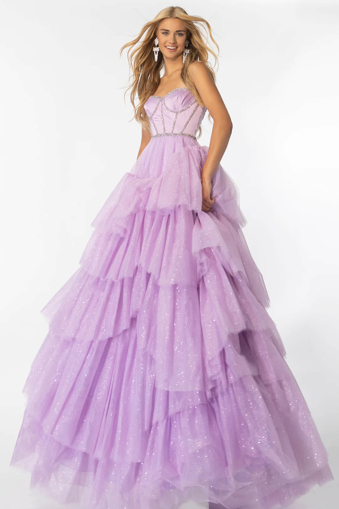 Cold-shoulder dresses for womenAva Presley 28592 Size 2 Lilac Shimmer Tulle A Line Layer Ballgown Prom Dress Satin Corset Crystal Embellished Formal Gown