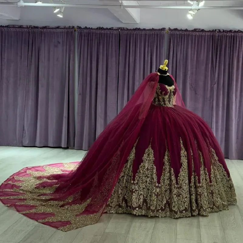 women's suit sets with stretch fabricsBurgundy Sparkly Princess Quinceanera Dresses with Cape Wrap Gold Luxury Applique Corset vestidos de xv años sweet 15 gown