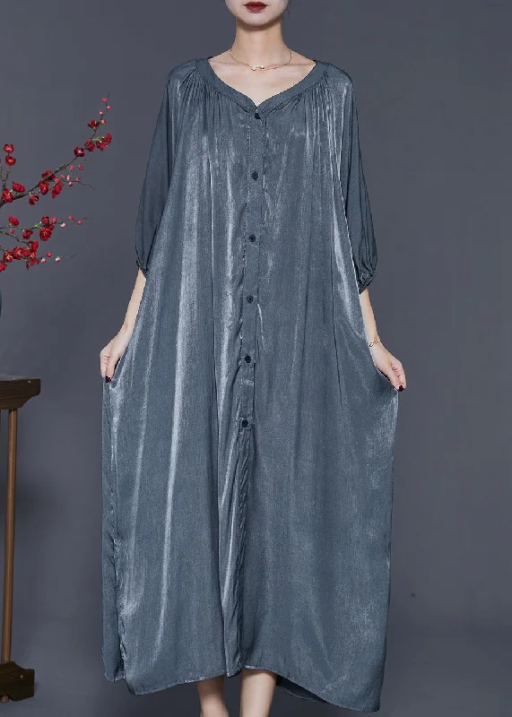 Bell sleeve dresses for womenItalian Grey Oversized Linen Silk Long Dresses Summer