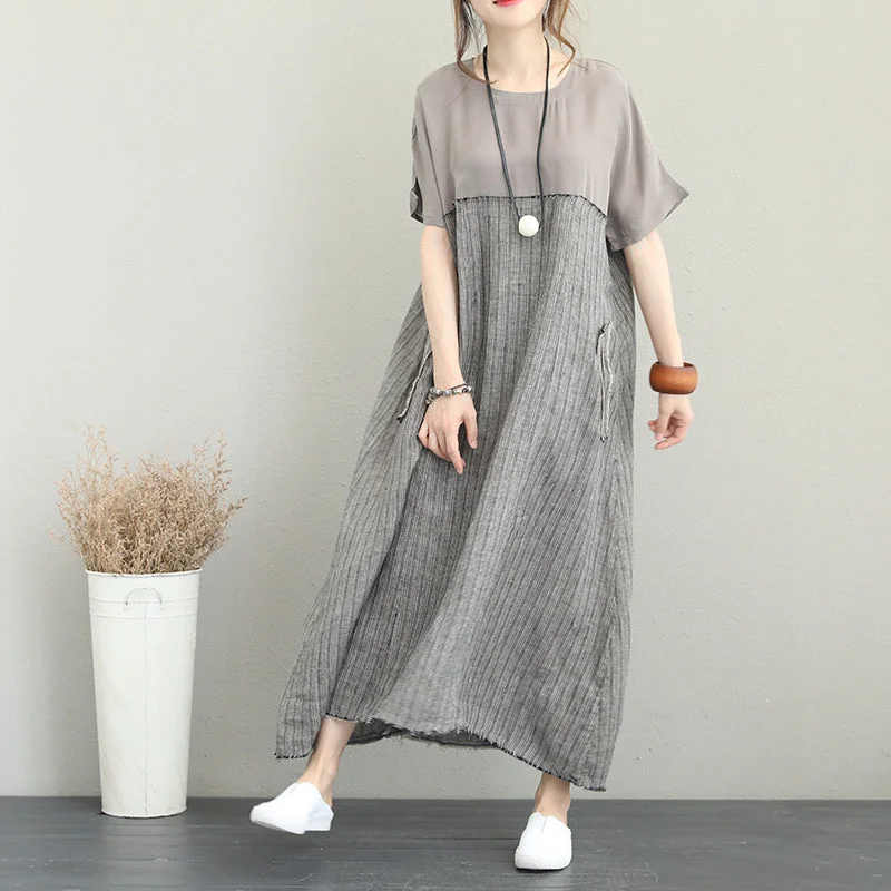 Fit-and-flare dresses for womenFine gray long silk linen dress plus size patchwork linen gown fine short sleeve caftans