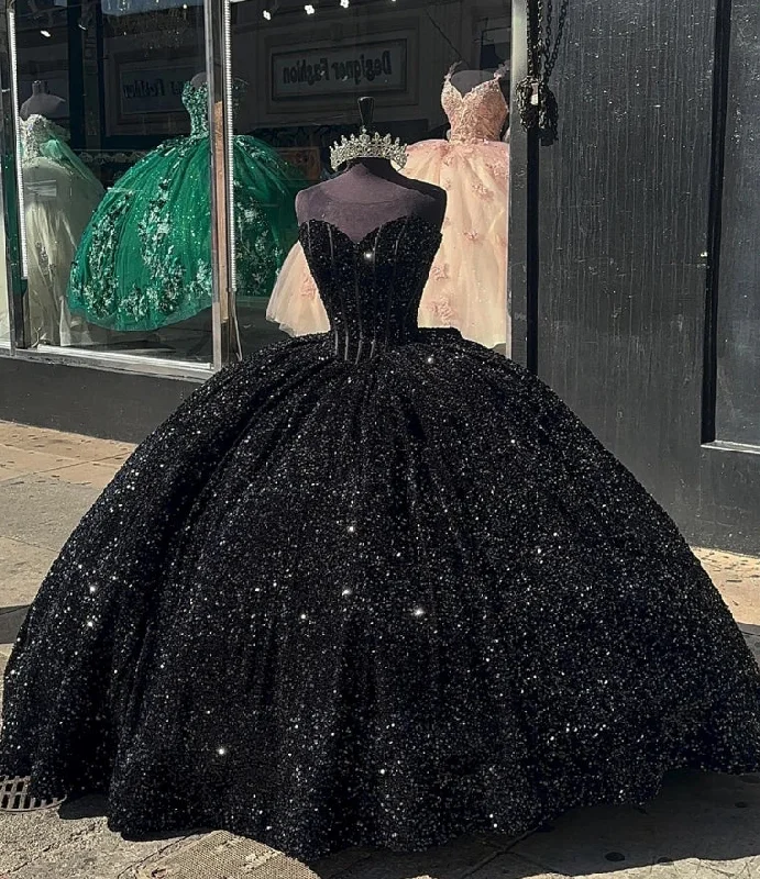 women's suit sets for black-tie eventsBlack Sequin Corset Quinceanera Dresses With Bow Sweetheart Shinning Sweet 16 Dresses Ball Gown Birthday Gowns vestidos de 15