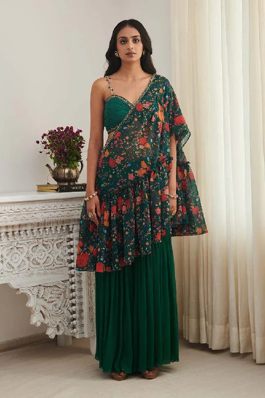 women's suit sets with lace detailingGreen Pragan Printed Bralette, Shrug & Gharara Co-Ord Set
