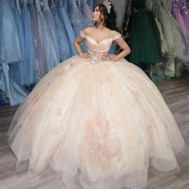 women's suit sets with shoesLight Champagne Princess Quinceanera Dresses Applique Flower Beads Tull Corset Sweet 16 Dress Vestidos De 15 Anos Birthday