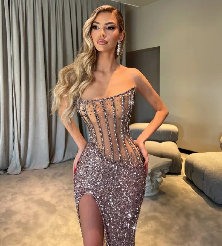 women's suit sets with button-down frontsSexy Side Slit Evening Dresses Corset Beading Sequins Dress For Bride Strapless Straight Bridal Gown Vestido De Novia
