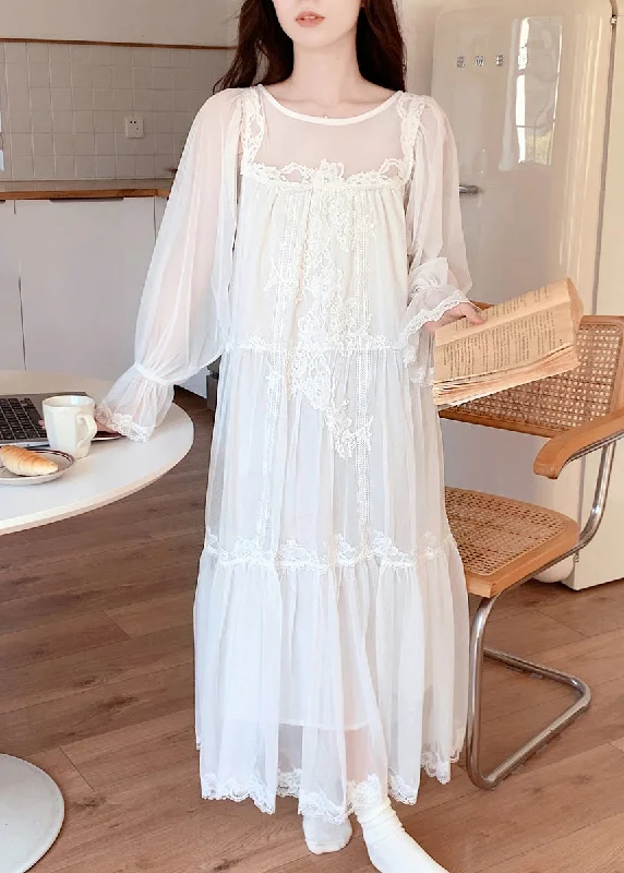 Corduroy dresses for womenCute White O-Neck Embroidered Floral Tulle Vacation Long Dresses Long Sleeve