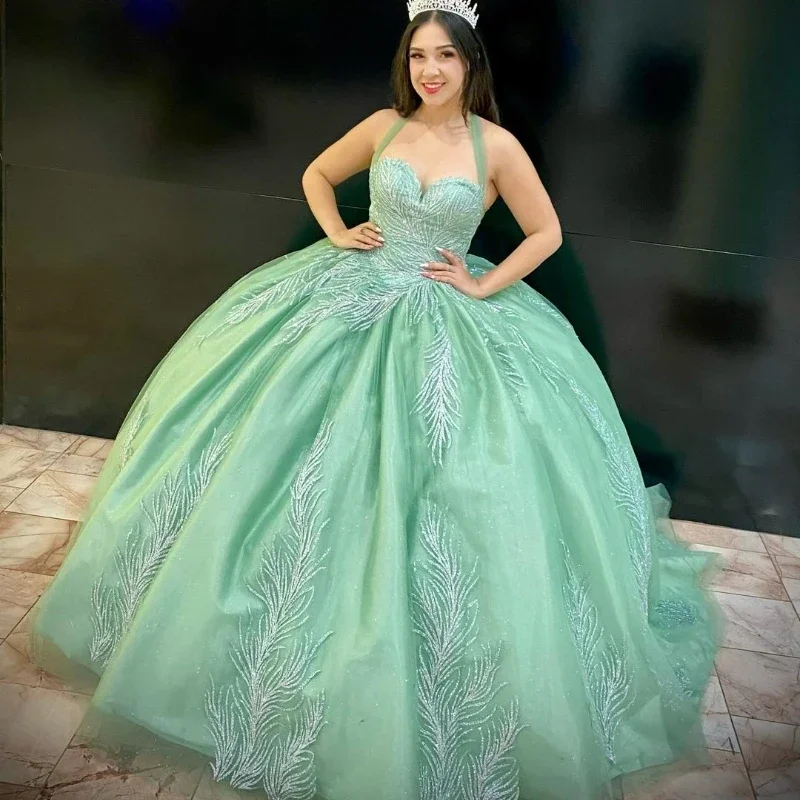 women's suit sets with scarvesGreen Shiny Sweetheart Quinceanera Dress Off The Shoulder Ball Gown Lace Beads Corset Sweet 15 Vestidos De XV Años