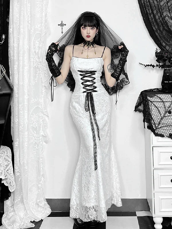 Festival dresses for music and arts eventsLace Stitching Sling Retro Backless Lace Up Front Sexy Grunge E Girl Bodycon Slim Dress