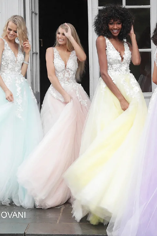 Sustainable dresses for eco-conscious womenJovani 55634 floral appliques prom dress ballgown Lace Tulle Long V Neck