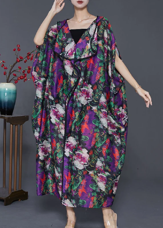 A-line dresses for womenModern Purple Oversized Print Chiffon Long Dresses Batwing Sleeve