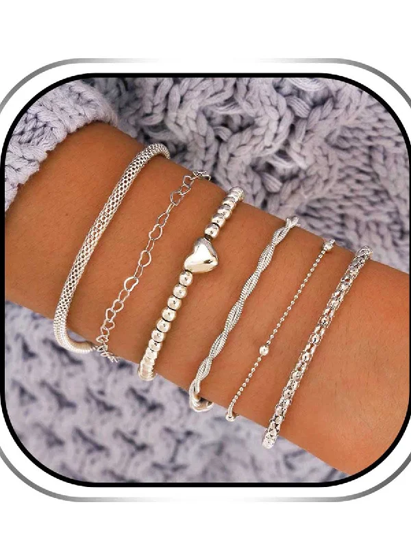 women's suit sets with single ventsLayered Beaded Silver Heart Bracelet Set (6 Pieces)
