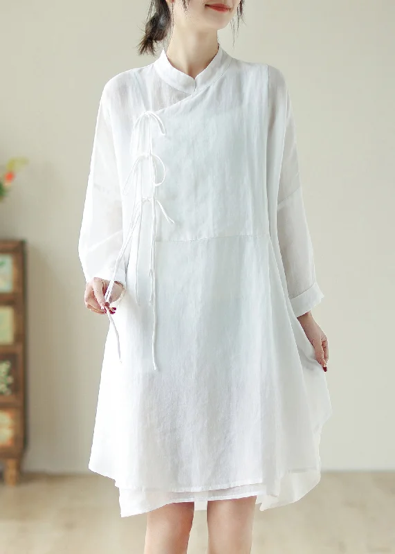 Cap sleeve dresses for womenHandmade White Stand Collar Tie Waist Low High Design Long Dress Long Sleeve