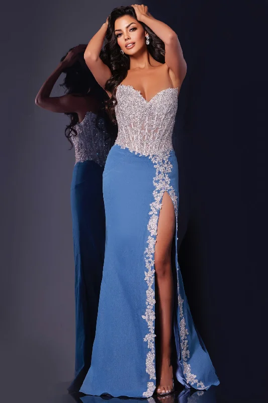 Cocktail dresses for womenJovani 43341 Sheer Lace Crystal Corset Denim Prom Dress Strapless Pageant Gown Slit