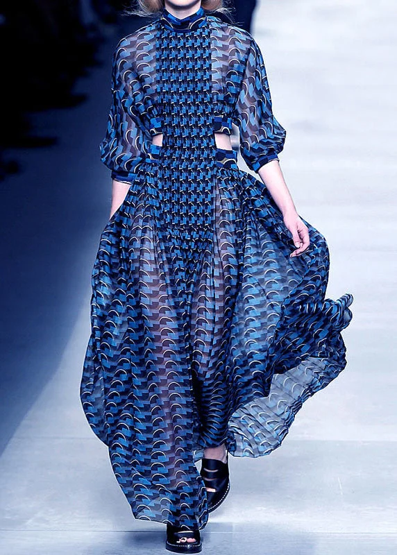 Embroidered dresses for womenFrench Blue Hollow Out Print Chiffon Long Dresses Long Sleeve