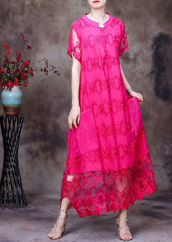 Handmade dresses for unique fashion statementsWomen Rose Stand Collar Embroideried Hollow Out Tulle Vacation Long Dress Short Sleeve