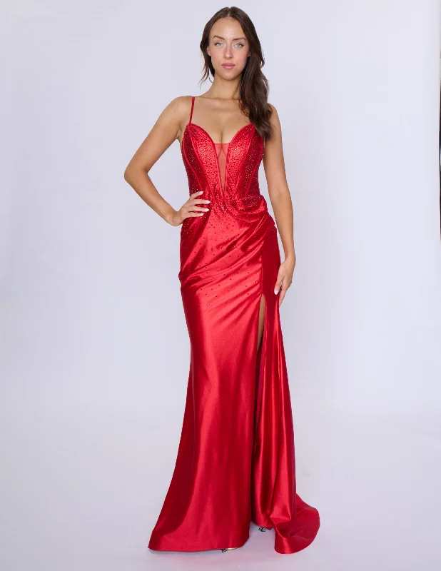 Fit-and-flare dresses for womenNina Canacci 6687 Size 2,4,6,8 Red Long Fitted Crystal Corset Prom Dress Formal Evening Gown Slit V Neck