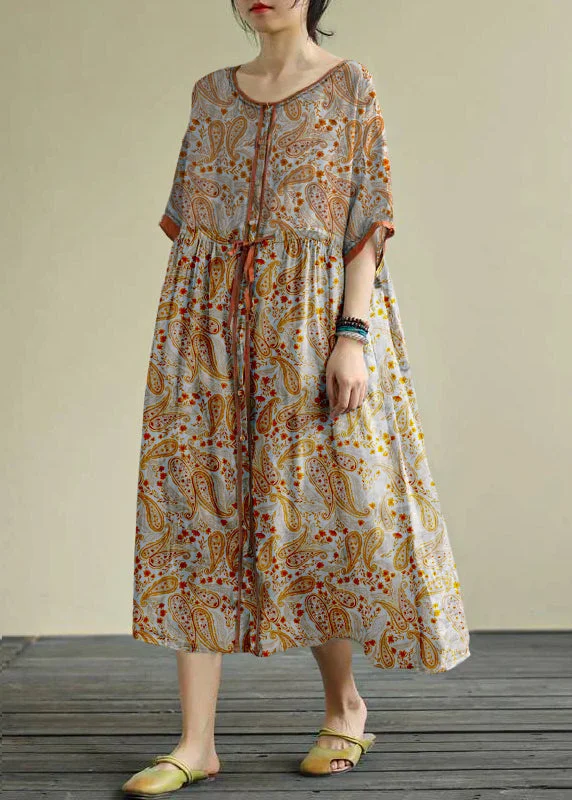 Godet dresses for womenDiy Orange Cashew Chiffon Long Shirts O Neck Drawstring Robe Summer Dresses