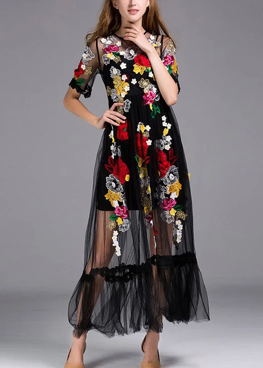 Vintage women's dressesItalian Black Embroidered Zippered Tulle Long Dress Summer