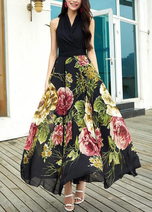 Sustainable dresses for eco-conscious womenNew Black V Neck Print Chiffon Long Dresses Sleeveless