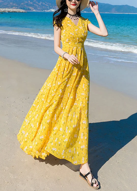 Smock dresses for womenModern Yellow V Neck Print Chiffon Long Dress Short Sleeve