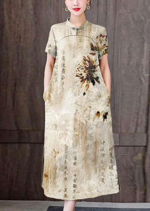 Workout dresses for active lifestylesFitted yellow flower Mandarin Collar Print Pockets Silk Long Dresses Short Sleeve