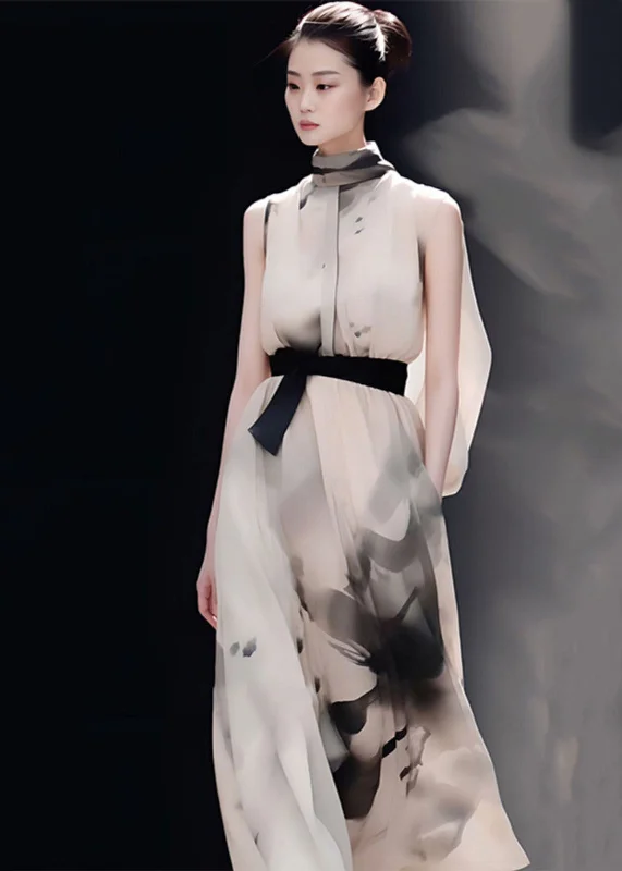 Vintage-inspired dresses for retro fashion loversArt Turtleneck Print Tie Waist Long Dress Summer
