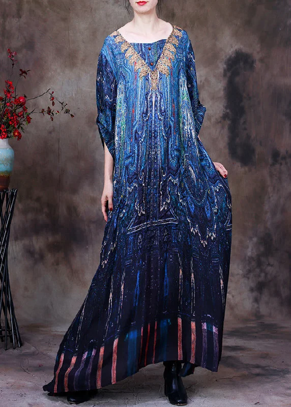Autumn dresses for fall fashionElegant Peacock Blue V Neck Print Side Open Button Silk Long Dresses Summer