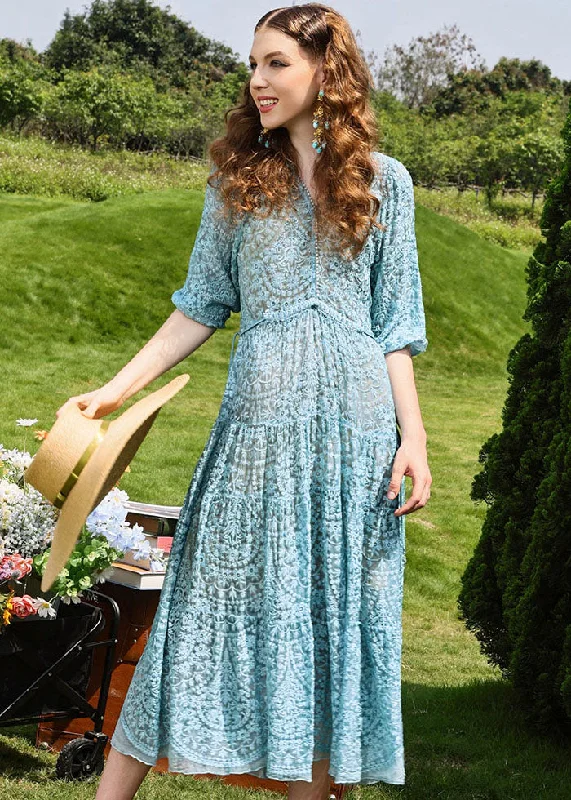 Bridesmaid dresses for womenBrief Sky Blue Embroidered Floral Hollow Out Silk Long Dresses Half Sleeve