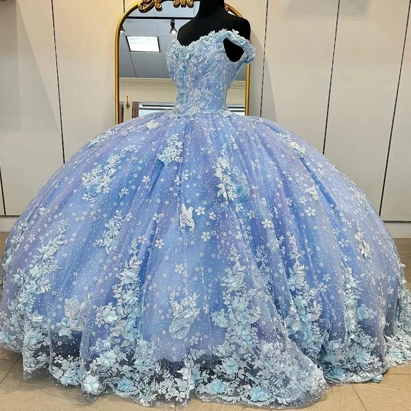 women's suit sets with lapel collarsSky Blue Quinceanera Dresses Sleeveless Crystal Sequined Ball Gown Off The Shoulder 3D Flowers Tull Corset Vestidos Para XV 15