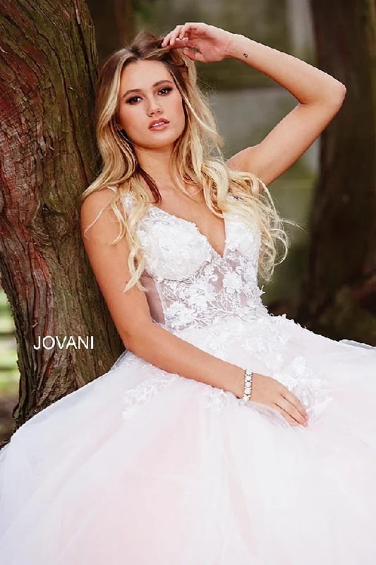 Short and sweet dresses for womenJovani 55634 floral appliques prom dress ballgown Lace Tulle Long V Neck