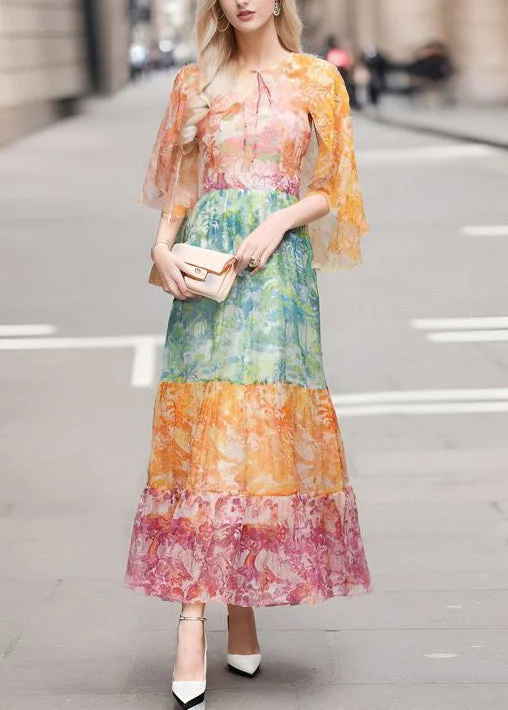 Flutter sleeve dresses for womenElegant Colorblock Lace Up Print Chiffon Long Dresses Half Sleeve