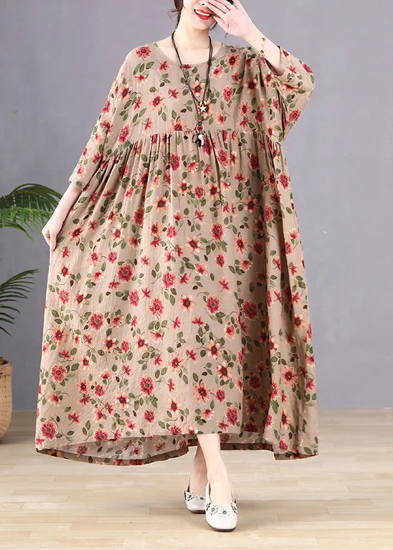 Cotton dresses for everyday wearCoffee Print Wrinkled Long holiday Dresses Spring