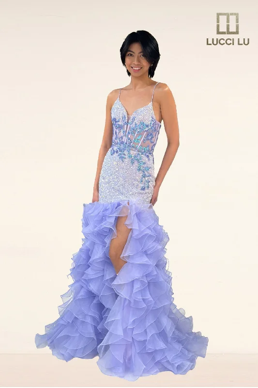 Custom-made dresses for personalized fitsLucci Lu 1395 Size 4, 14 Lilac Sheer Sequin Mermaid Prom Dress Ruffle Slit Formal Dress Corset Fit & Flare Gown