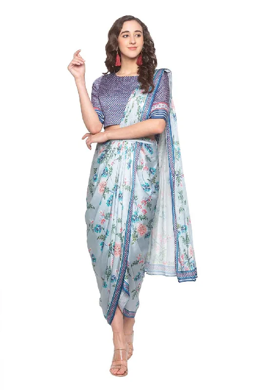 women's suit sets with peak lapelsBlue Pre-Stitched Drape Saree Set