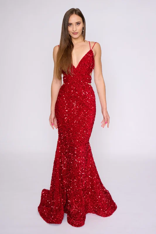 Mini dresses for womenNina Canacci 1579 Size 10 Red Long Sequin Mermaid Prom Dress Cut Out Corset V Neckline