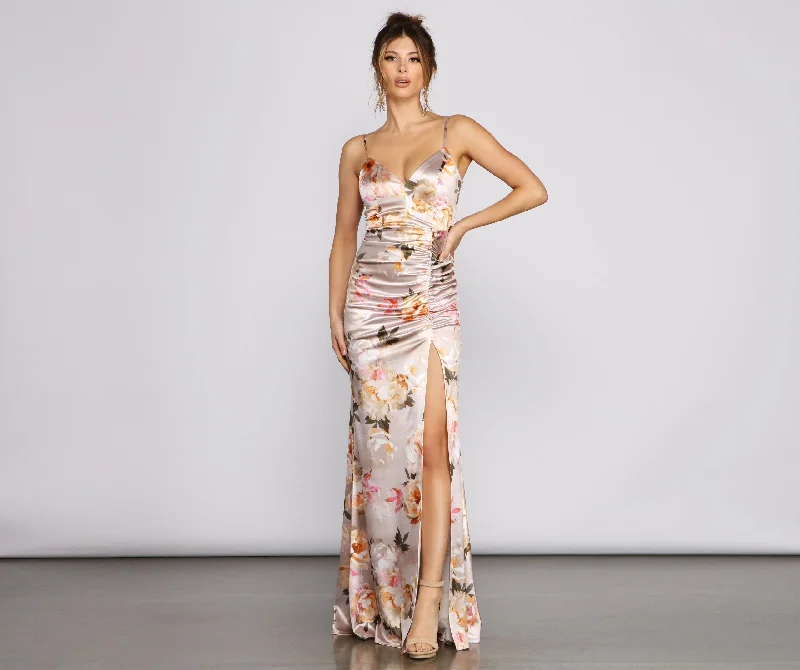 Evening gowns for formal eventsTaylor Satin Stylish Floral High-Slit Dress