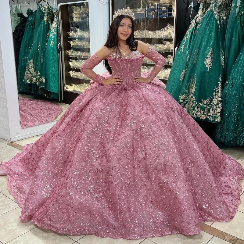 fashionable women's ensemble setsPink Sparkly Off The Shoulder Quinceanera Dresses Ball Gown Lace Crystal Beading Tull Corset For Sweet 16 Girls vestidos de 15