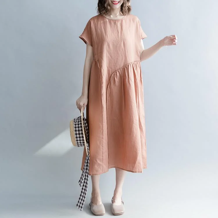A-line dresses for womenFine brown long linen dresses plus size clothing o neck patchwork gown Elegant short sleeve baggy dresses