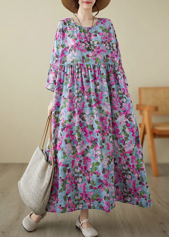 Leather dresses for womenHandmade Rose O-Neck Print Wrinkled Long Dresses Spring