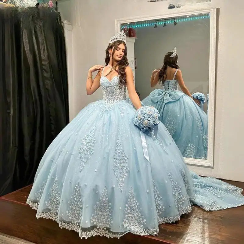 women's suit sets with beltsLight Blue 3D Floral Lace Bow Quinceanera Dresses Ball Gown Illusion Spaghetti Strap Corset Vestidos De XV Anos Customized