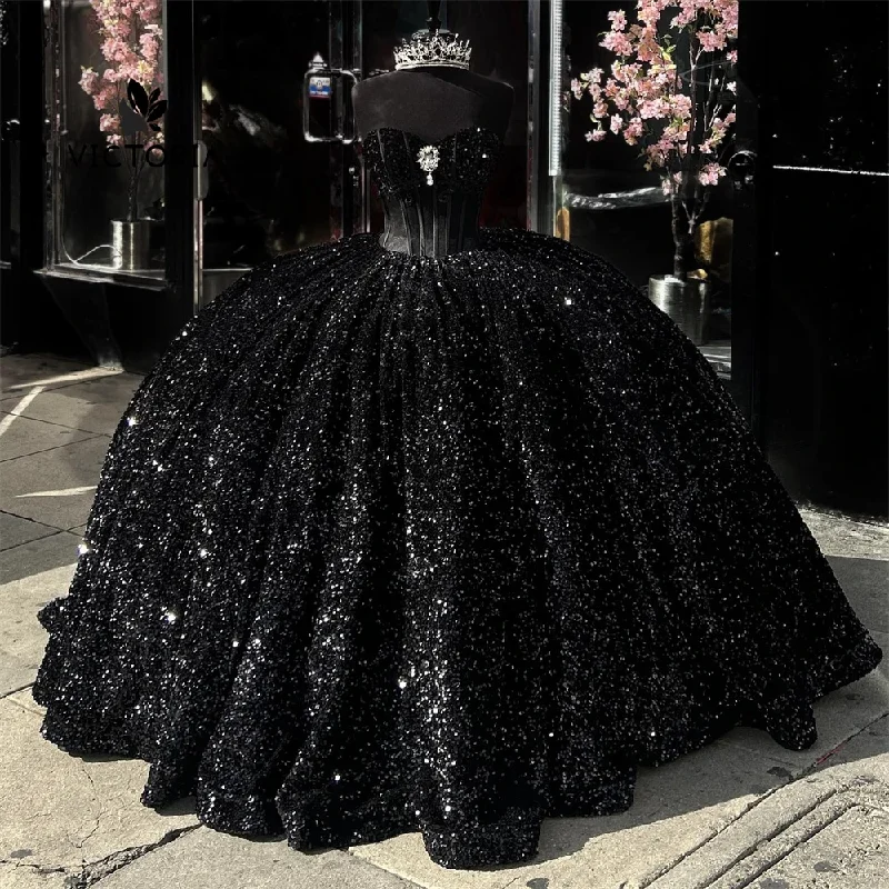 women's suit sets for cocktail partiesBlack Sequin Corset Quinceanera Dress Ball Gown Dress 18th Birthday Silver Rhinestones Debut vestido de charra 15 años Sweet 15